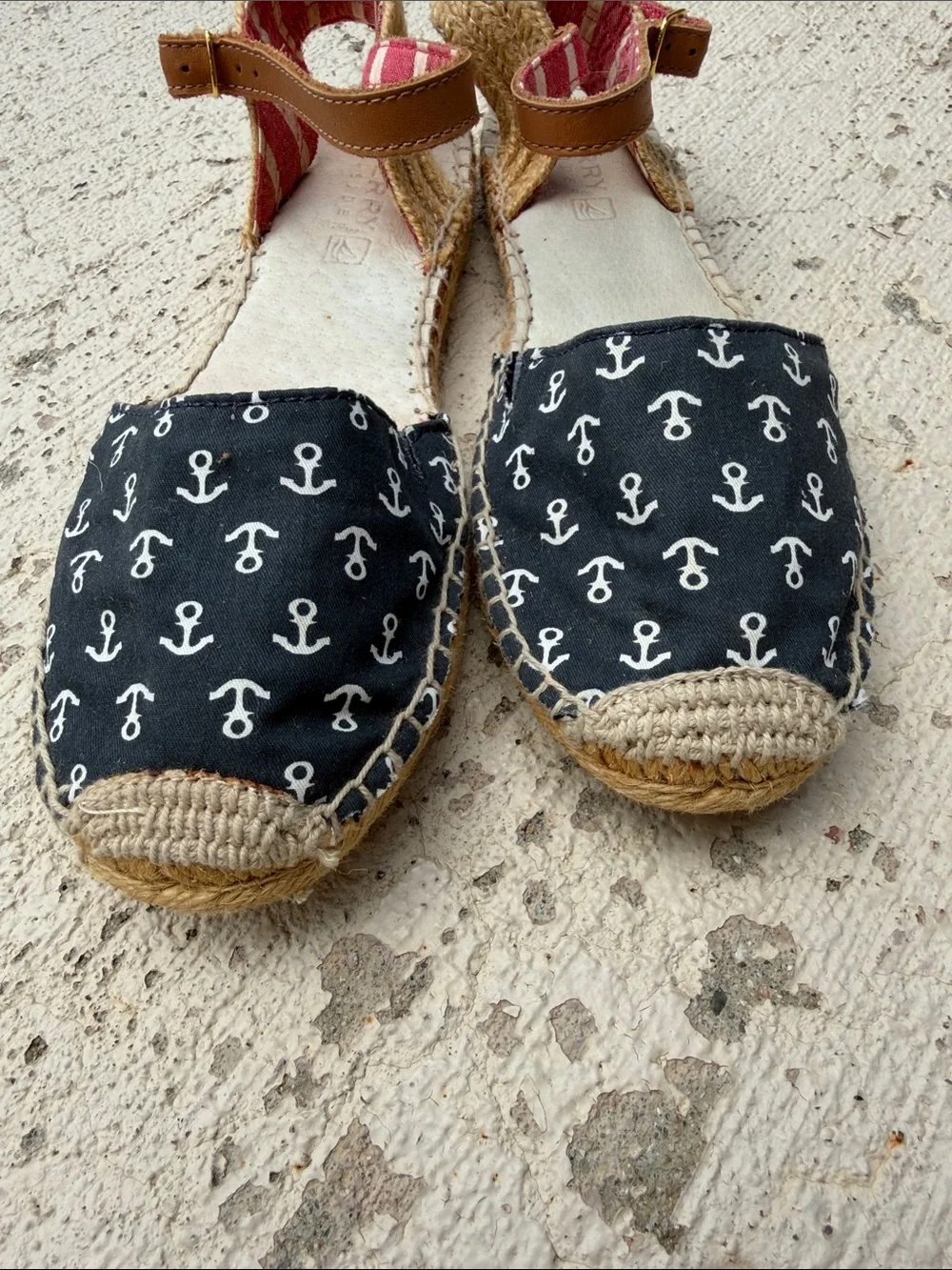 Sperry Black Anchor Print Espadrille Wedges with Red Stripe Ankle Strap - Picture 4 of 12
